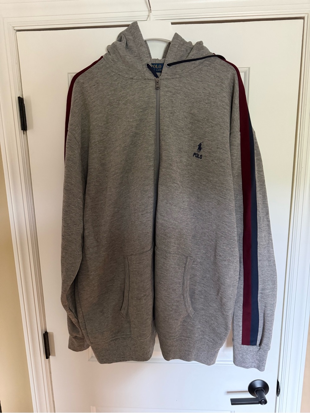 Polo by Ralph Lauren Heather Gray Hooded Zip Sweater with Navy Drawcords